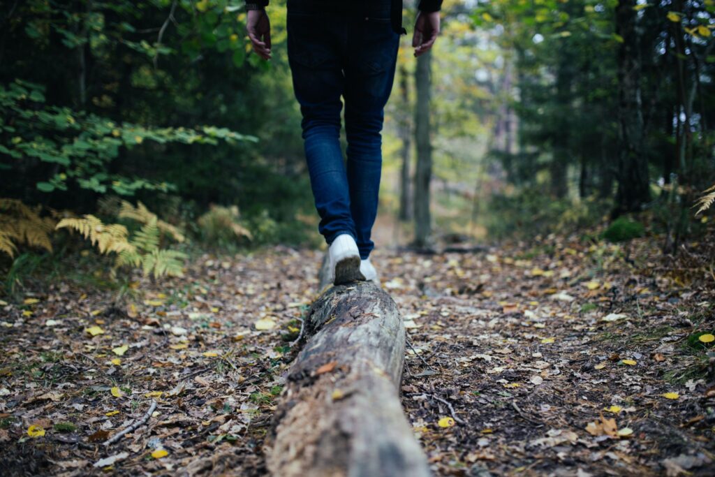 Hiker walking on a log on a forest trail